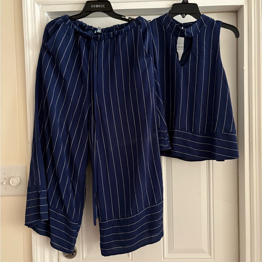 She and Sky Navy and White Striped Wide Leg Set
